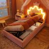 Upholstered Bed, 90 X 200 Cm, Without Mattress, LED Light Strip, With Hydraulic Lifting Mechanism, Princess Bed, Adjustable Headboard, PU, Pink