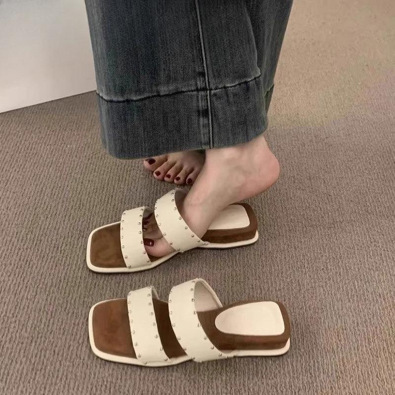 

Туфли с квадратным носком, тапочки на танкетке, сандалии нового стиля, пляжные шлепанцы 40 бежевый