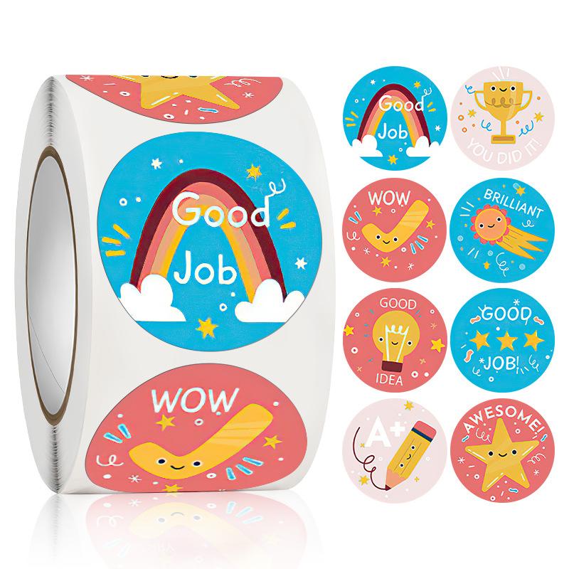 1roll Good Job Stickers 500pcs Set 1 Inch Cartoon Animal Rainbow Star Reward Tape for Office School Decoration