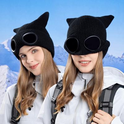 Autumn Winter Windproof Glasses Cap Women's Velvet Warm Knitted Hat Outdoor Ski Ear Protection Cap