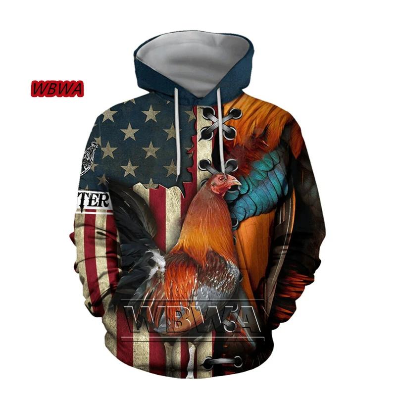 Krásná unisexová luxusní mikina s kapucí s celoplošným 3D potiskem kohouta, pánská mikina, pulovr, ležérní bunda Harajuku, tepláková souprava