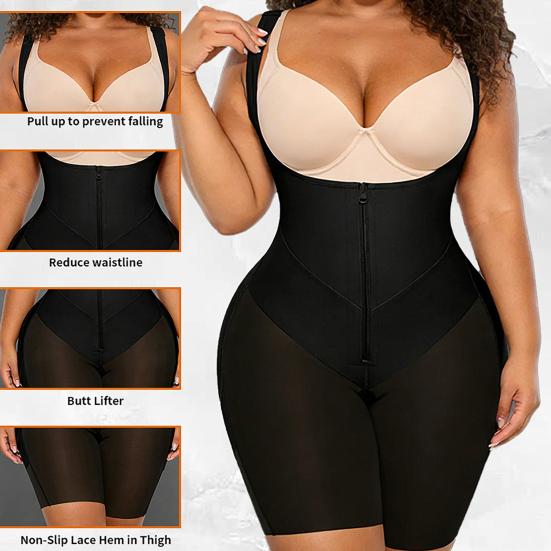 Body gainant à braguette zippée pour femmes Post-partum Faja Contrôle du ventre Rehaussement des hanches Shapewear Respirant Bretelles réglables Contrôle fort Sans couture