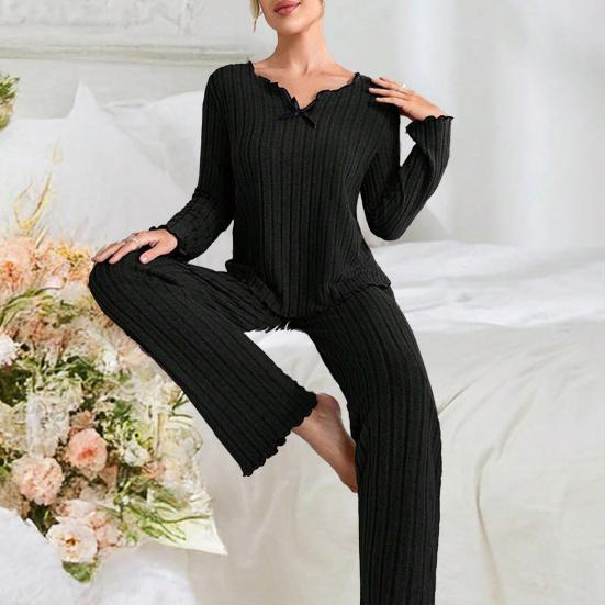 2Pcs/Set Women Pajamas Set V-Neck Long Sleeve Lace Trim Tops Elastic Waist Long Pants Set Solid Color Ribbed Sleepwear