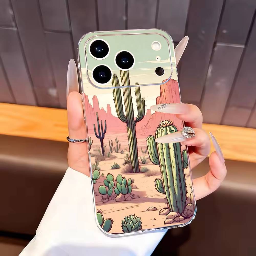 

Desert Cactus Phone Case For iPhone17,16,15,14,13,12,11 Plus,Pro Max Soft Transparent Cover iPhone15