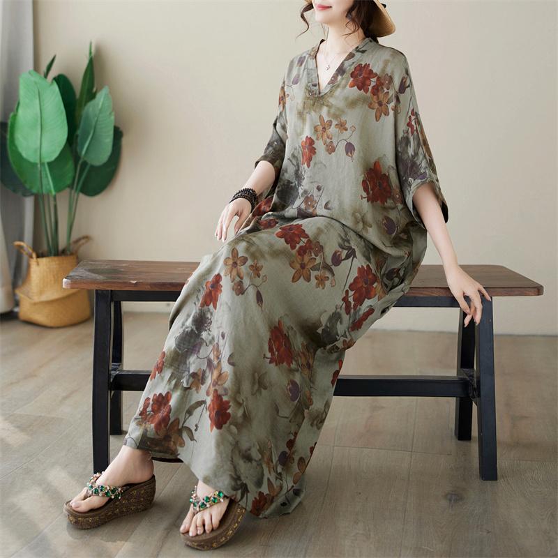 

DIMANAF 2024 платье больших размеров женское летнее платье с v-образным вырезом богемный свободный макси-платье большого размера с цветочным принтом 5001 One Size