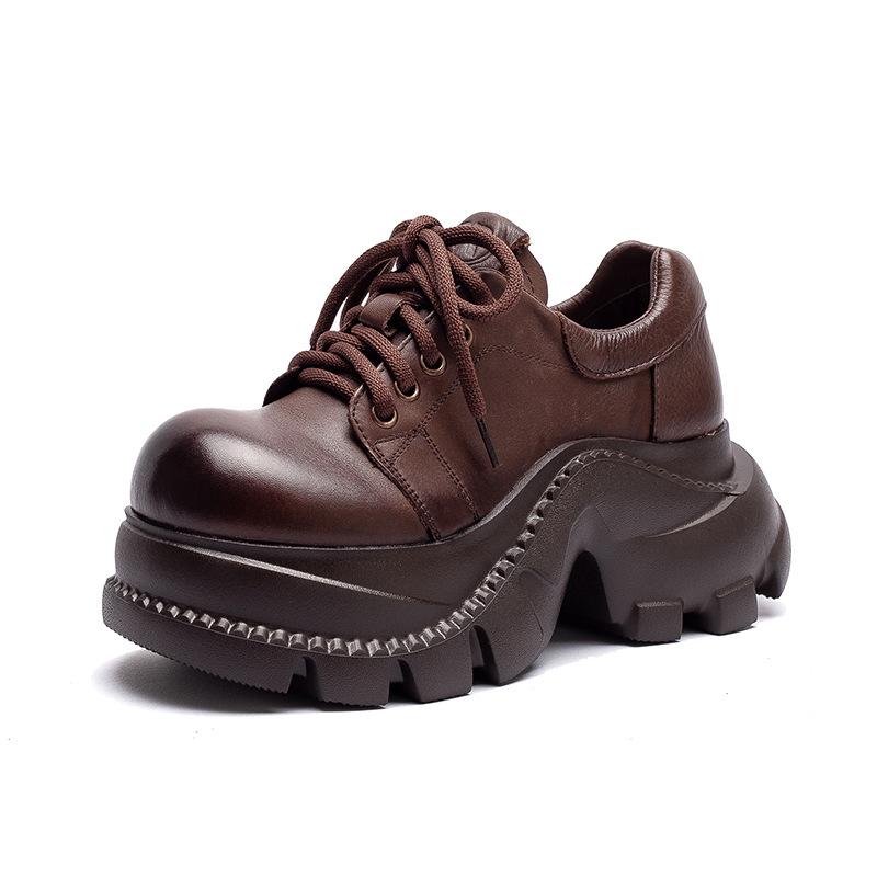 Women's Autumn Vintage British Style Platform Shoes - Top Layer Cowhide Lace-Up Casual Shoes with Round Toe, Comfortable Low-Top Shoes
