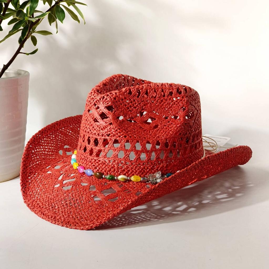 2026 Melesh Western-style Ginger Cowboy Hat with a Flexible Brim The Bohemian Style Is Perfect for Sun Protection On the Beach.
