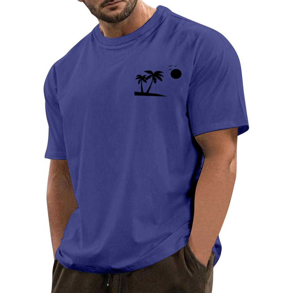 Men's Fashionable Casual Hawaiian Print Round Neck Short-Sleeved T-Shirt Top