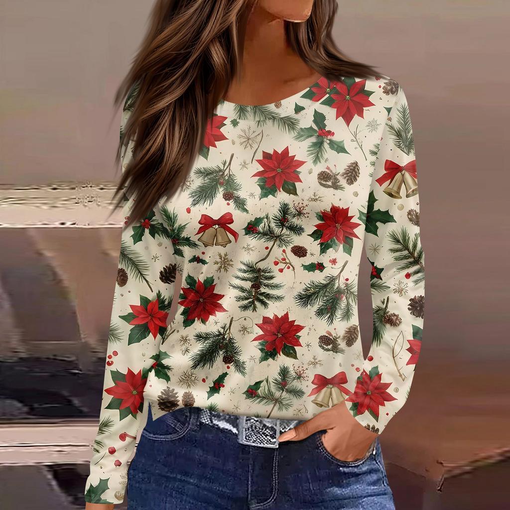 Women's Fashion Casual Slit Hem Round Neck Long Sleeve Loose Christmas Printed T-Shirt Ladies Top