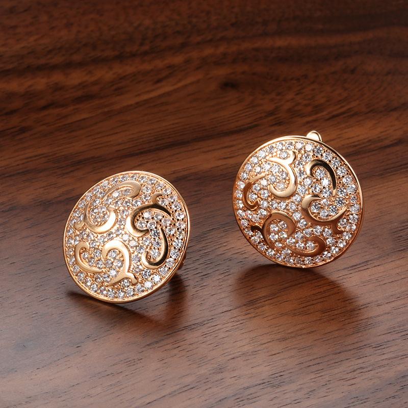 Wedding natural zircon stud earrings, ear buckles, rose gold crystal flower round large earrings.