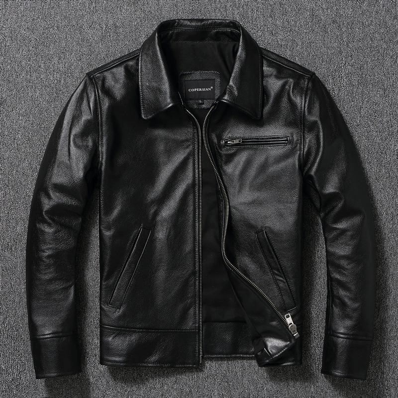 

Китайский размер Мужская натуральная кожаная куртка из натуральной коровьей кожи короткая тонкая мужская кожаная куртка с отложным воротником весна осень 4XL