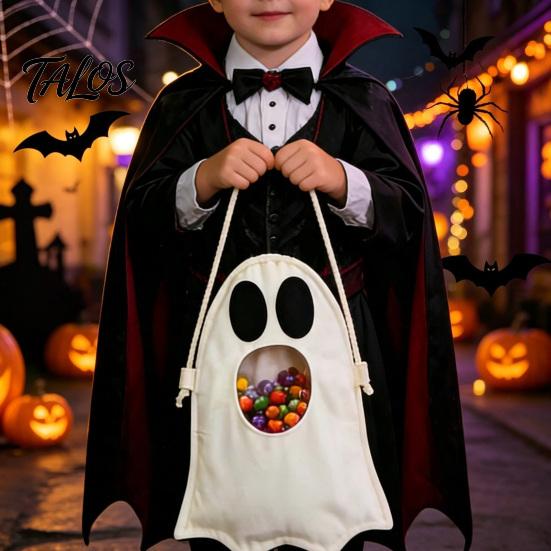 Trick or Treat Bucket Halloween Ghost Candy Bag for Kids, Cute Fabric Durable Holder Tote with Handle, Spooky Snack Goodie Bags Party Supplies