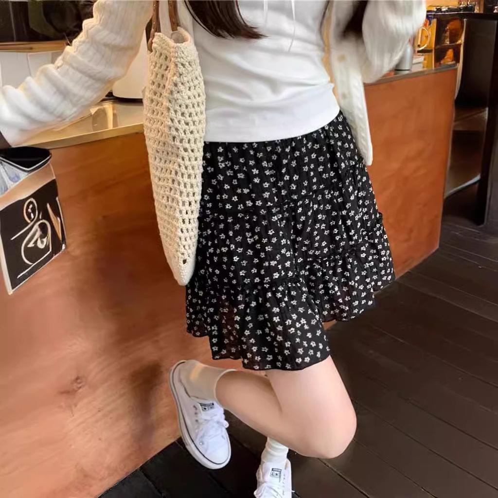 Black Floral Skirt Women's Summer New Temperament Cake Skirt Skirt Skirt Small A-word Skirt Short Skirt