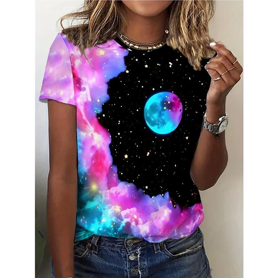 Женская футболка - Графика Луны Розово-Синей Туманности, Космический Дизайн для Повседневной Носки S