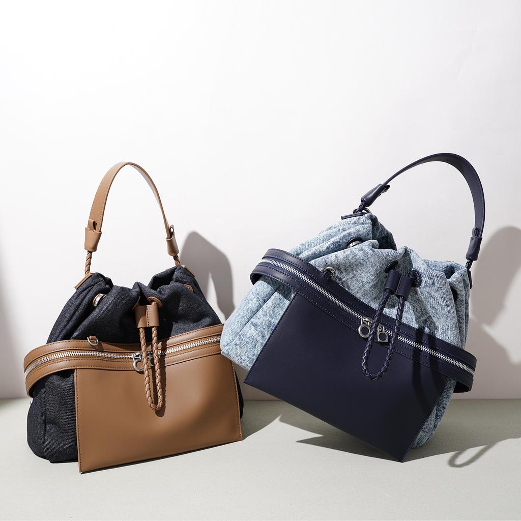 Backpack Denim Contrast Splicing Leather Backpack Commuter Large Capacity Portable