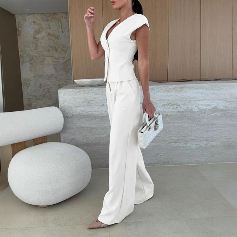 European and American Wide Shoulder V-neck Slim fit Vest High Waist Wide Leg Pants Top Set Pants and Tops Set