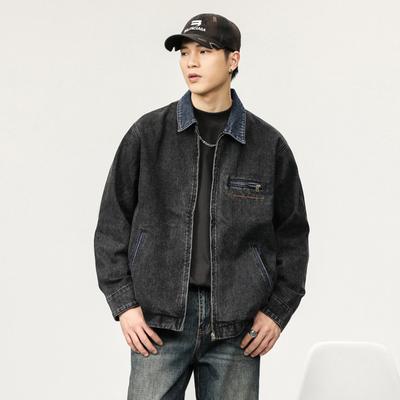 High-End Retro Color Matching Denim Jacket Men'S American Trendy Brand Loose Heavy Zipper Jacket Wear-Resistant Spot Whole Order