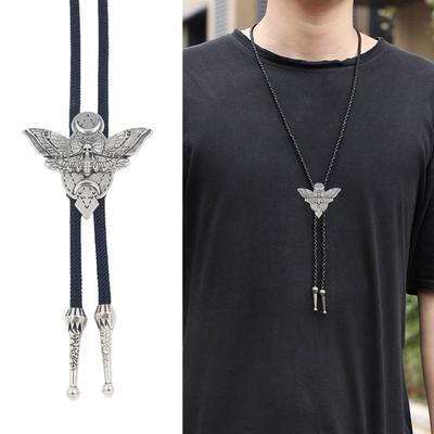 Handcrafts Braided Rope Bolo Tie Necklace with Death Skull Moth Pendant for Men and Women Western Cowboy Punk Necktie
