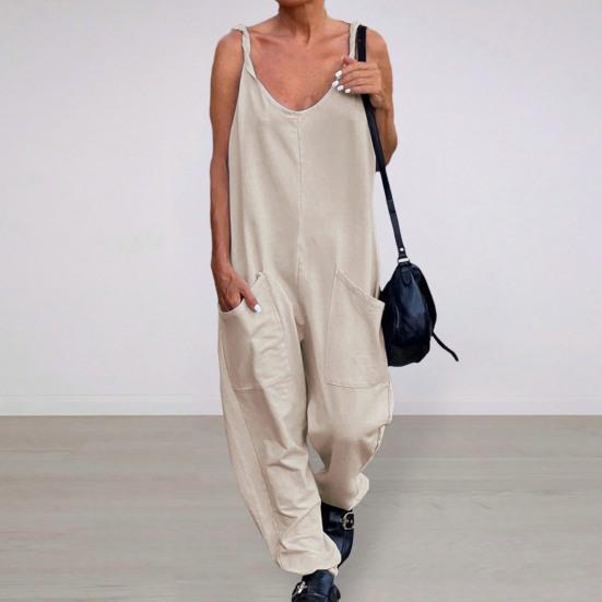 Kvinnor Sling V-ringad Ärmlös Jumpsuit Stora fickor Breda ben Enfärgade Tunn Playsuit Haklapp Overall Streetwear