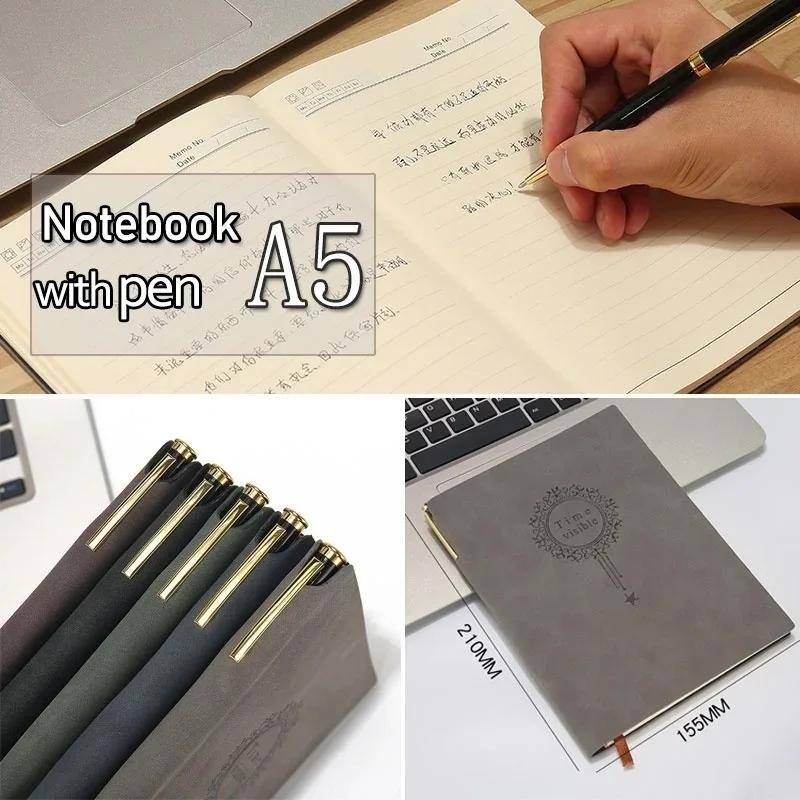 Simple A5 Retro Leather Boy Notepad with Pen Printing Travel Diary Handmade Students School Supplies Business Men's Notebook