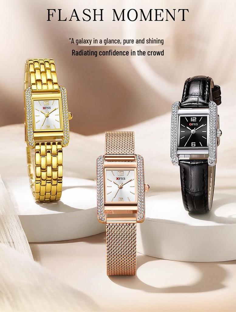 OFNS Elegant Women's Square Dial Watch: Simple Niche Bar Markers, Waterproof, Luxury Diamond Inlaid Quartz.