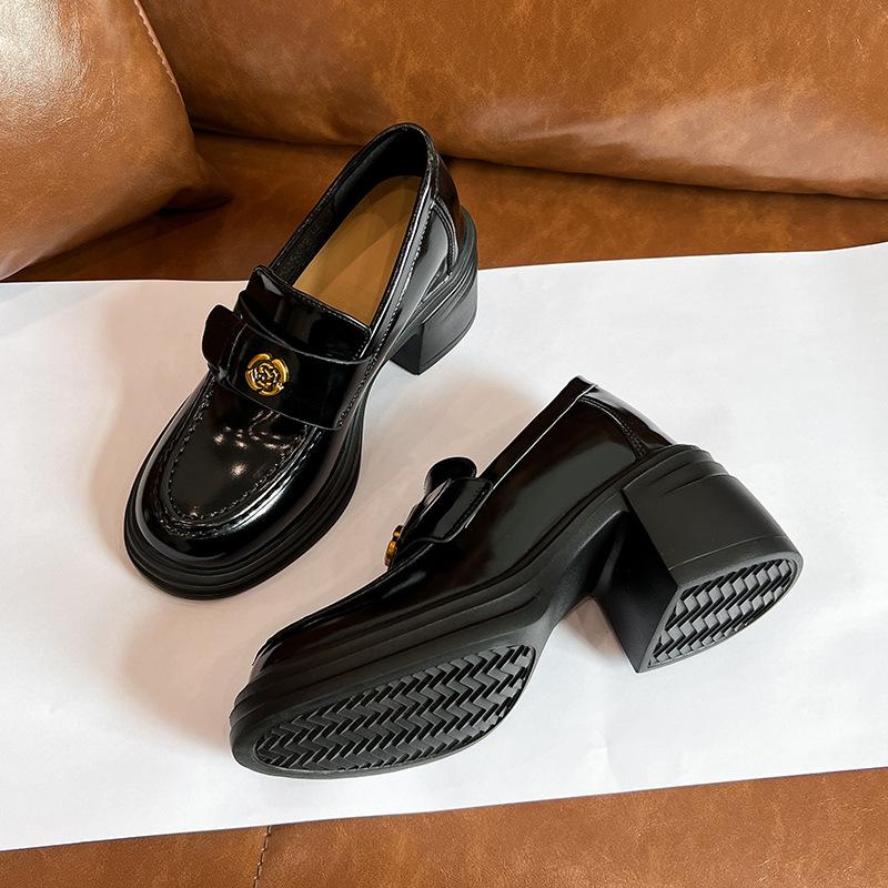 Inner heightening thick-soled small leather shoes women's soft leather thick heel new spring high-heeled small single shoes