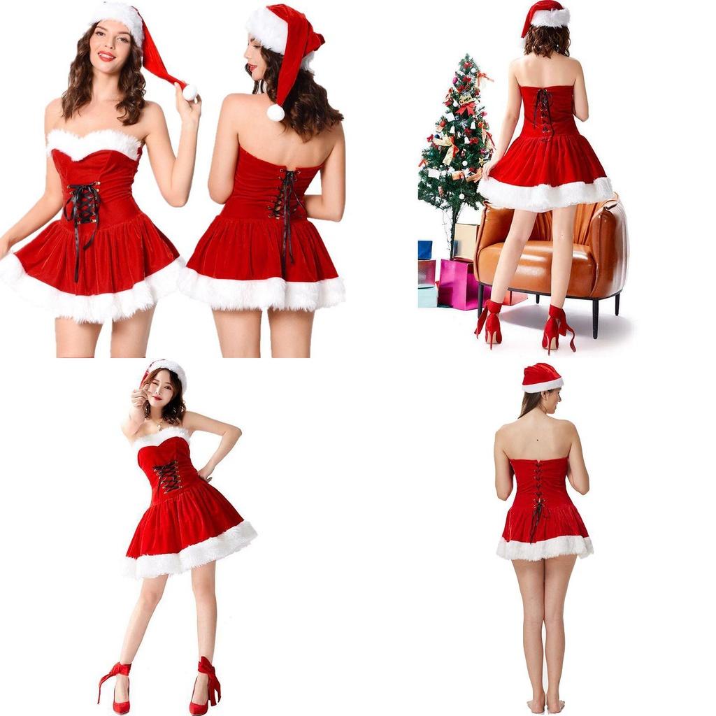 Elegant Red Velvet Sexy Women Christmas Fancy Dress Santa Claus Costume Outfit Hat