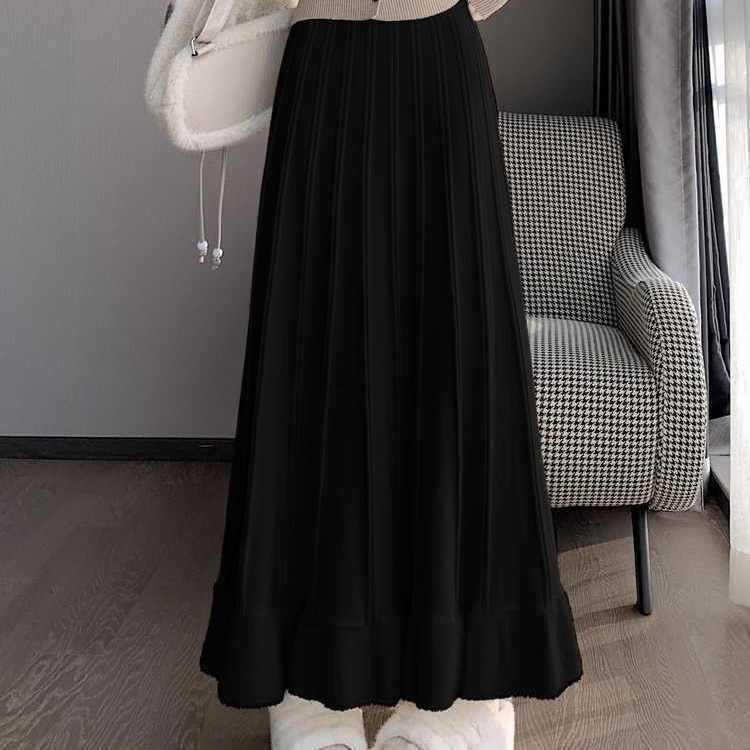 

Women s High Waist Knit A-Line Skirt - Autumn/Winter, Slimming Woolen with Wide Hem. S for 85-95 lbs