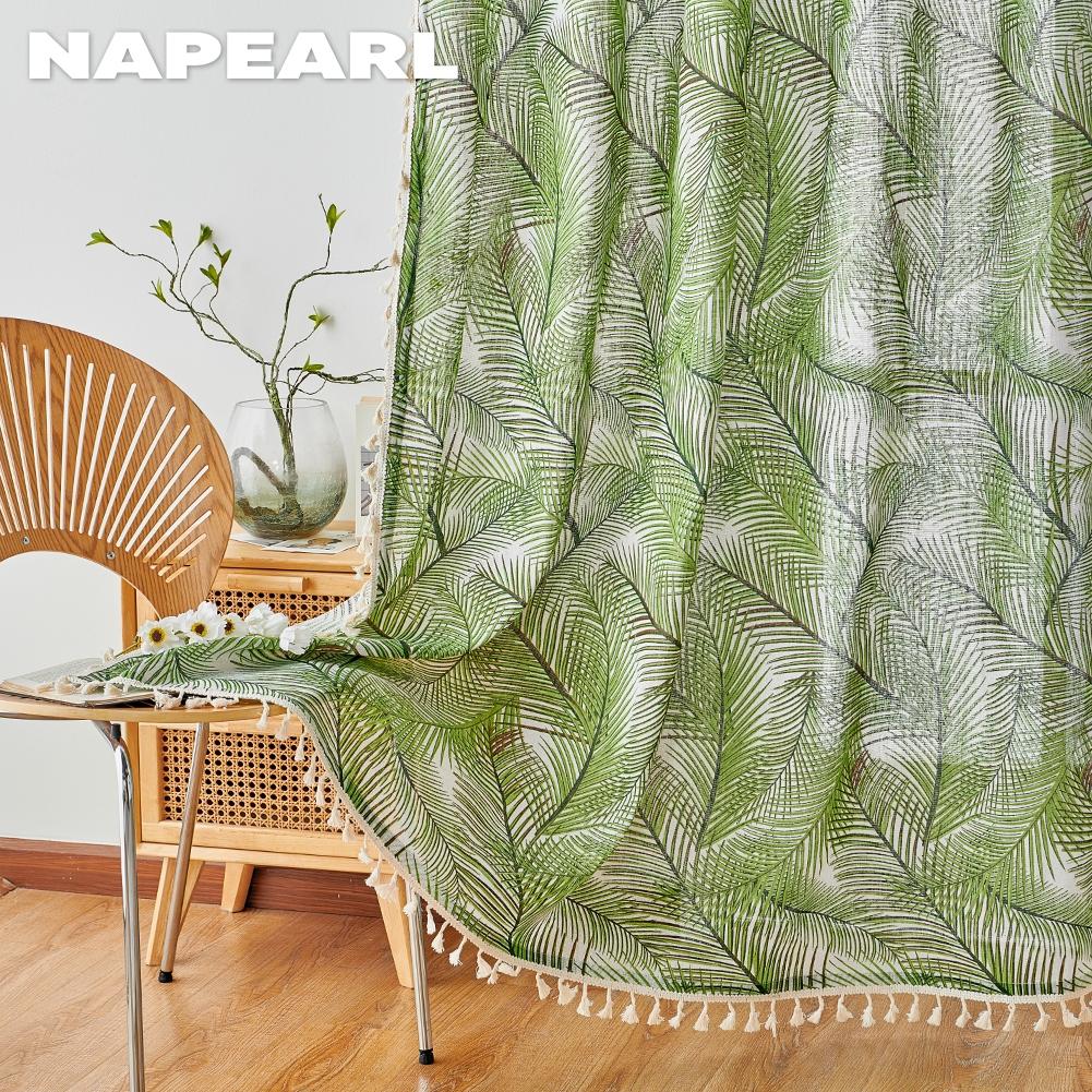 1 ADET NAPEARL Yarı Karartma Tropikal Stil Yeşil Bitki Baskılı Küçük Taze Saçaklı Perdeler Pencereler Balkon Yatak Odası Oturma Odası Ev Dekoru