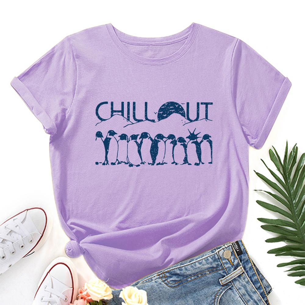 Penguin Cotton T-Shirt Short Sleeve Round Neck Women 2d Print Tops