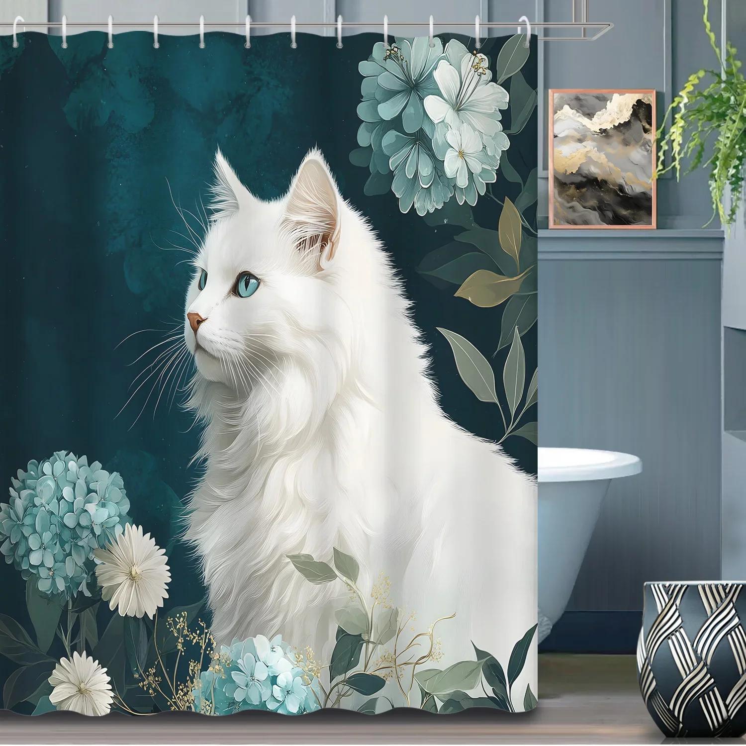

1Pc Bohemian Elegant White Cat Pattern Shower Curtain, Vintage Blue Hydrangea Flower And Leaf Decorative Bathroom Partition Curt W60H190(CM)-1 Pcs