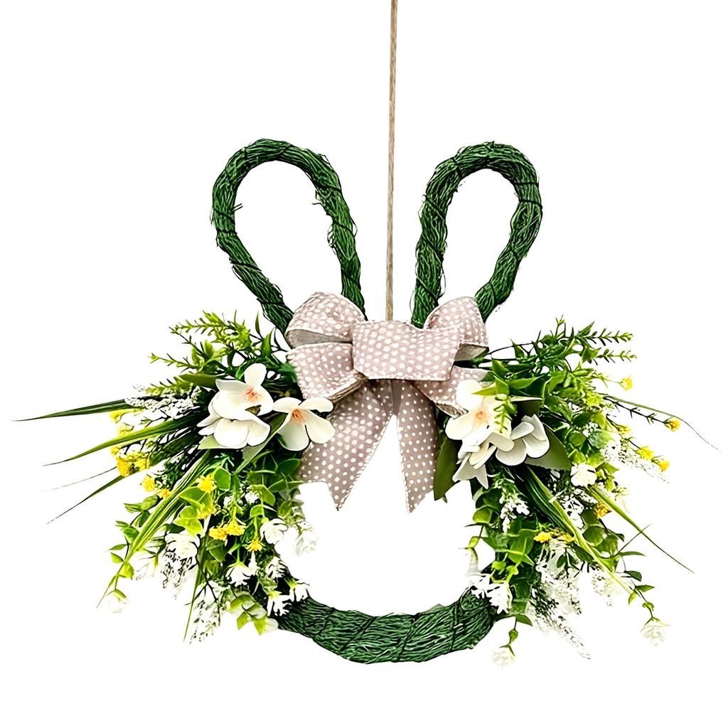 Easter Bunny Themed Artificial Flower Wreath, Spring Shaped Flower With Bunnies Ear Bow Knot For Front Door, Walls