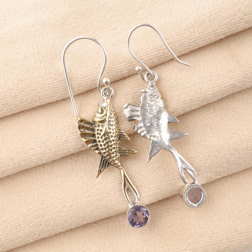Natural Iolite Gemstone 925 Sterling Silver Jewelry Handmade Fish Earrings 2.17" EE-148-5