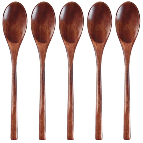 AOOSY Spoon Set of 5, 22cm, Natural Wood Spoons, Carved from Blocks of Wood, No Glue, Natural Lacquer Spoons, Bento Box, Dining Room Use, Salad, Curry