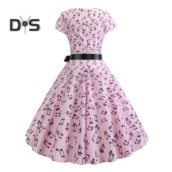Damenkleid mit Musikskalen-Print, Rundhalsausschnitt, Schleife, Gürtel, enge Taille, A-Linie, großer Saum, bunt, kurze Ärmel, Reißverschluss auf der Rückseite, Midikleid für Damen