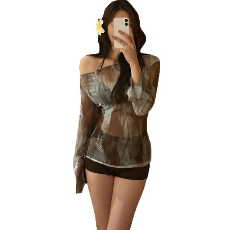 Korean Version of Split Swimsuit Three-piece Fashion Smudging High-end Sense of Pure Desire Long Sleeves Small Breasts Gathering Boxers Soaking In Hot