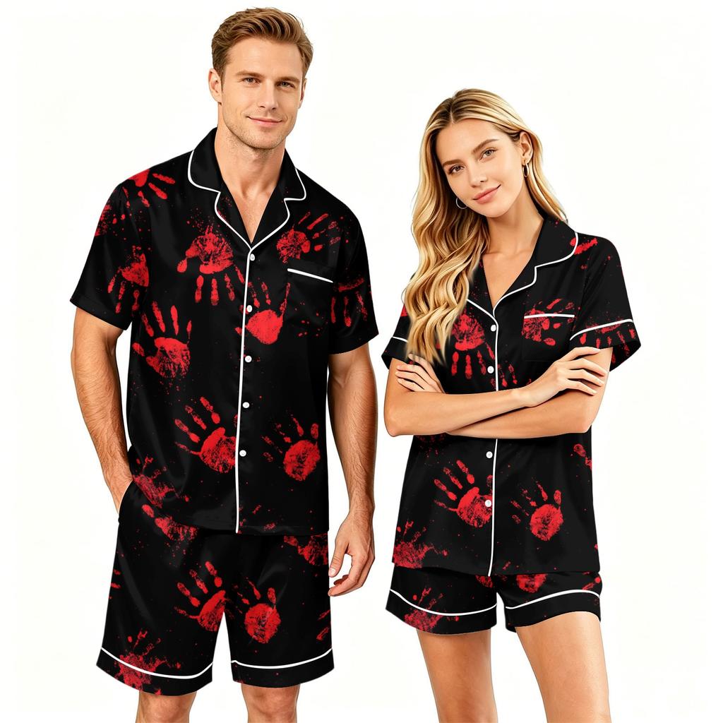 Couple Halloween Pajama Set Short Sleeve Button Down Shirt with Shorts Casual Soft Sleepwear S-XXXXL Matching Loungewear Set