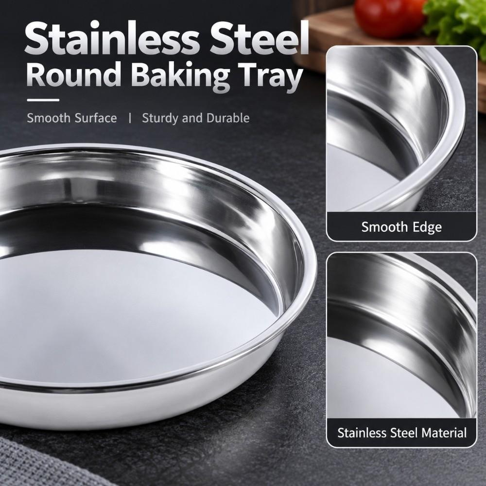 Rustproof Round Plate Shallow Tray Flat Stainless Steel Dining Dish Durable Food Container BBQ