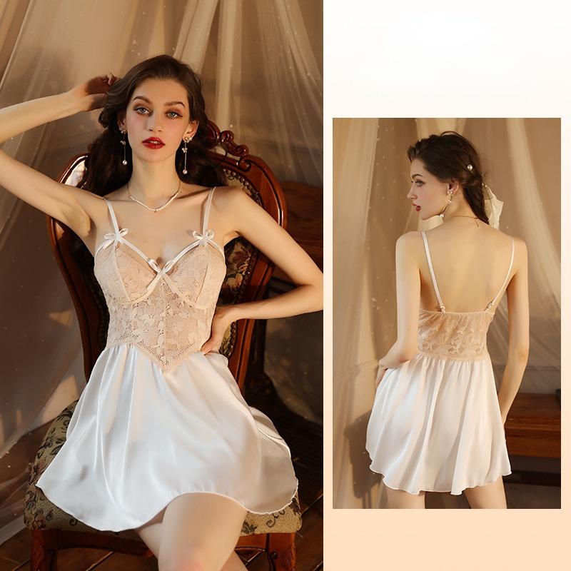 Summer and Autumn Sexy Deep V Lace Satin Perspective Suspended Sleeping Dress