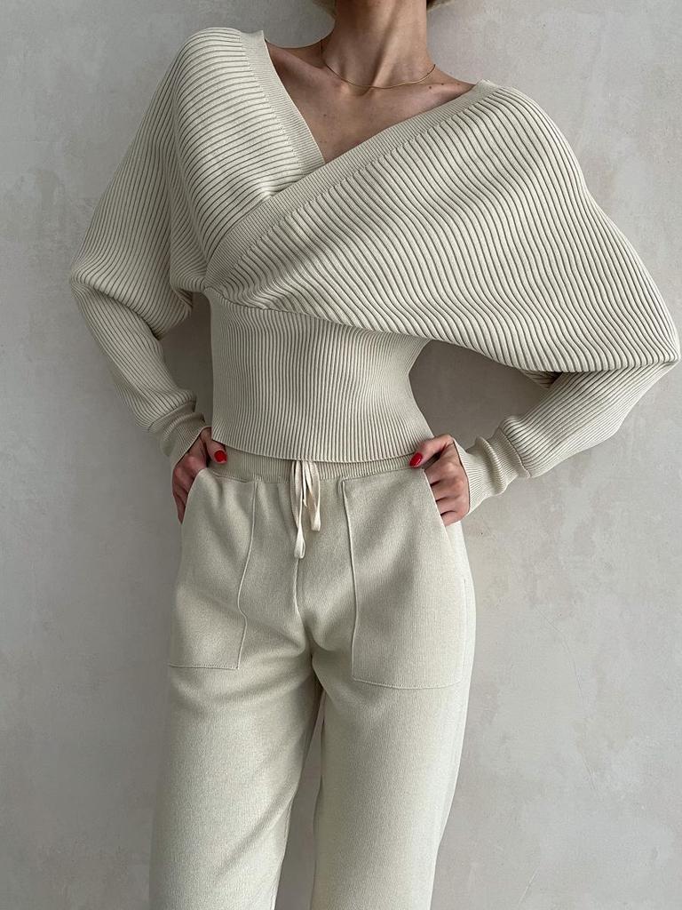 Elegant Off-Shoulder Batwing V-Neck Sweater Two-Piece Set for Women