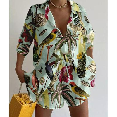 Conjunto de 2 piezas para mujer: Top de camisa de manga corta con solapas estilo Boho + Pantalones cortos, Moda Primavera Verano, Estampado Floral, Traje para Vacaciones en la Playa