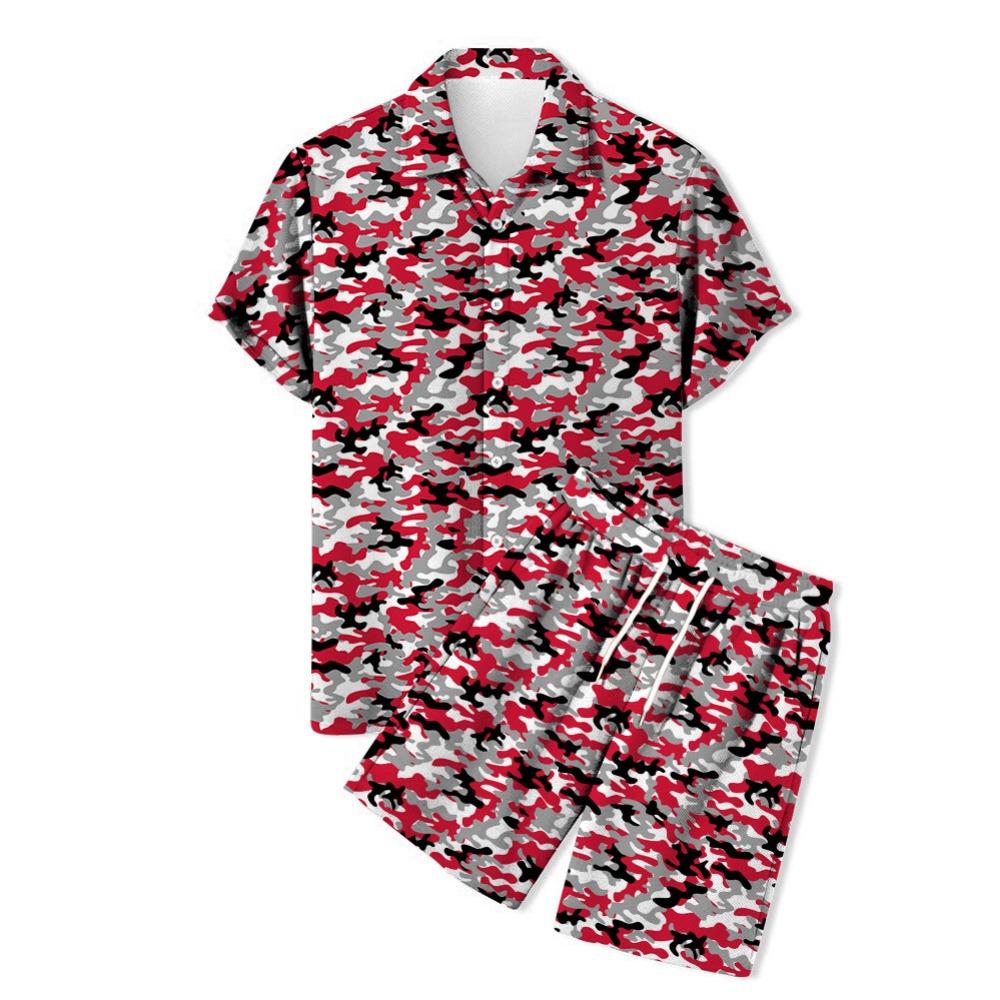New Men's Camouflage Short Sleeved Shirt with Collar and Shorts 3D Leopard Print Hawaiian Beach Style
