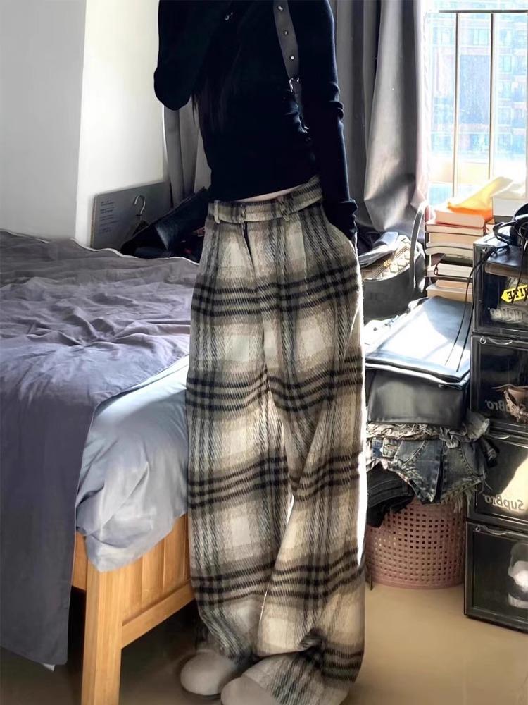 Autumn 2024 American Plaid Wool Wide-Leg Pants - Casual Loose Straight-Leg Style