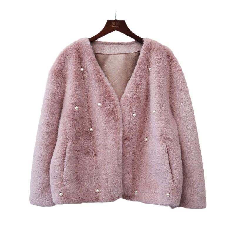 Heavy industry beaded fur integrated jacket autumn and winter new design temperament loose cardigan women