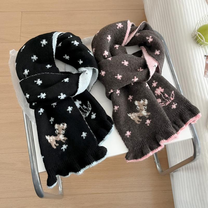 Ladies' Scarves Korean Cartoon Deer Floral Kawaii Sweet Versatile Cute Scarfs Thicked Warm High-Quality Cashmere Knitted Scarfs