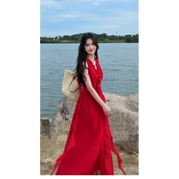 French red neck sling dress children s summer new fresh seaside vacation high-end dress S красный