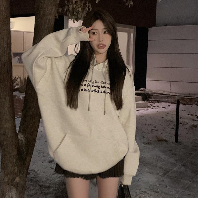 Women Long Sleeve Hooded O Neck Loose Pullovers Female Tops Solid Color Sweatshirts