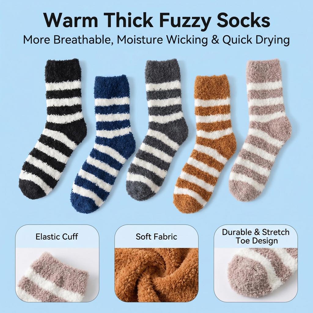 Men's Large Size Striped Mid Calf House Socks (5 Pairs) Winter Warm Thick