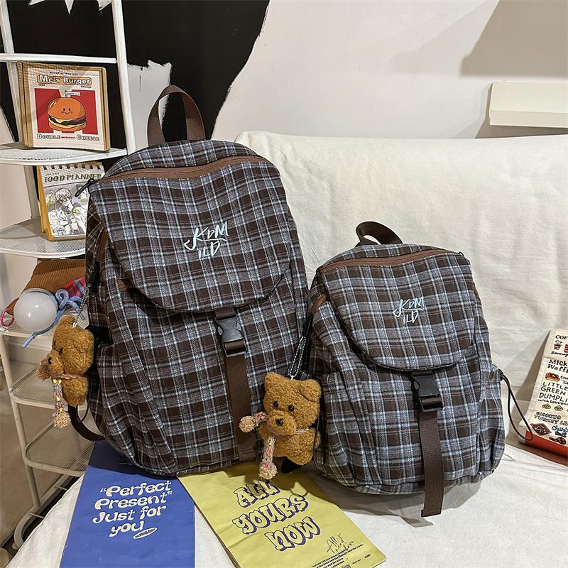 Vintage Plaid Backpack College Style Junior High School Student Schoolbag