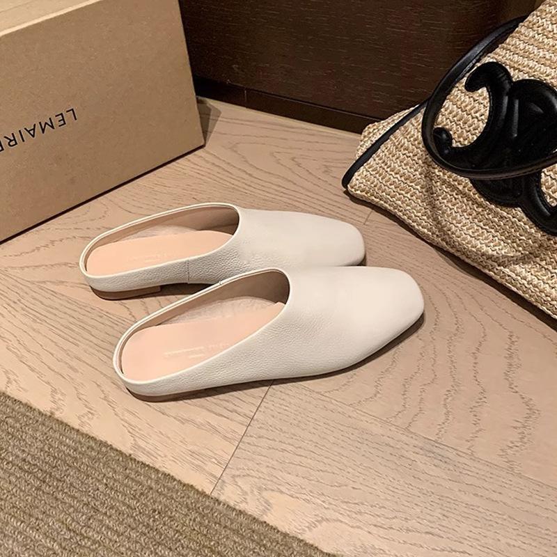 Soft To Fried~ Imported Li Pattern Soft Leather Square Head One Pedal Flat Shoes Muller Row Slippers Women's Half Drag